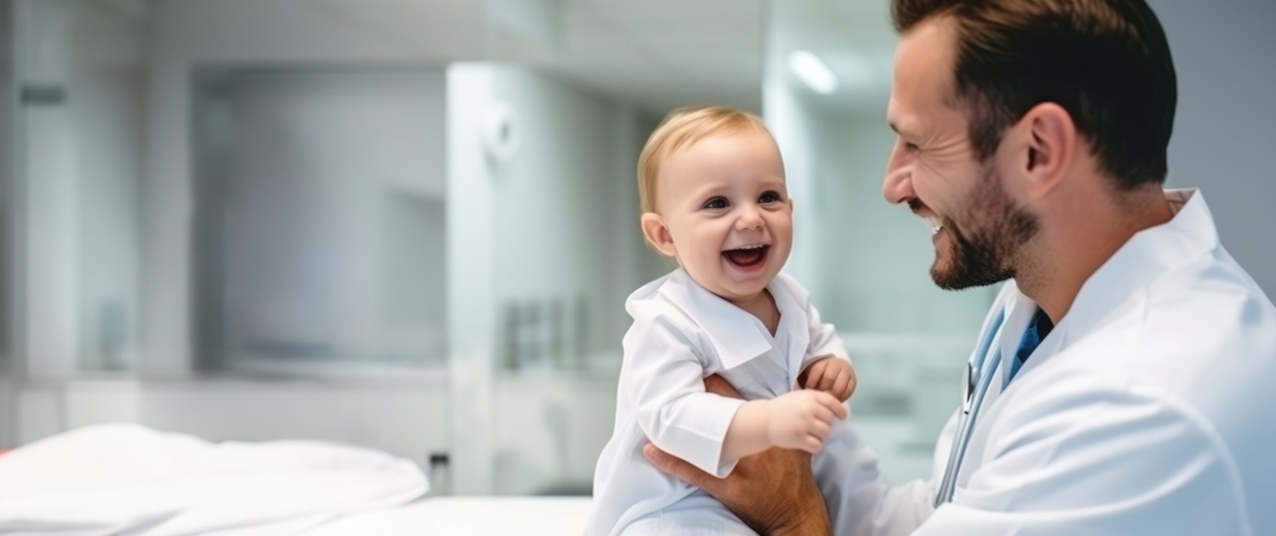 Doctor with an infant in the pediatrics area. The doctor conducts an kid examination in his office . Happy expression .