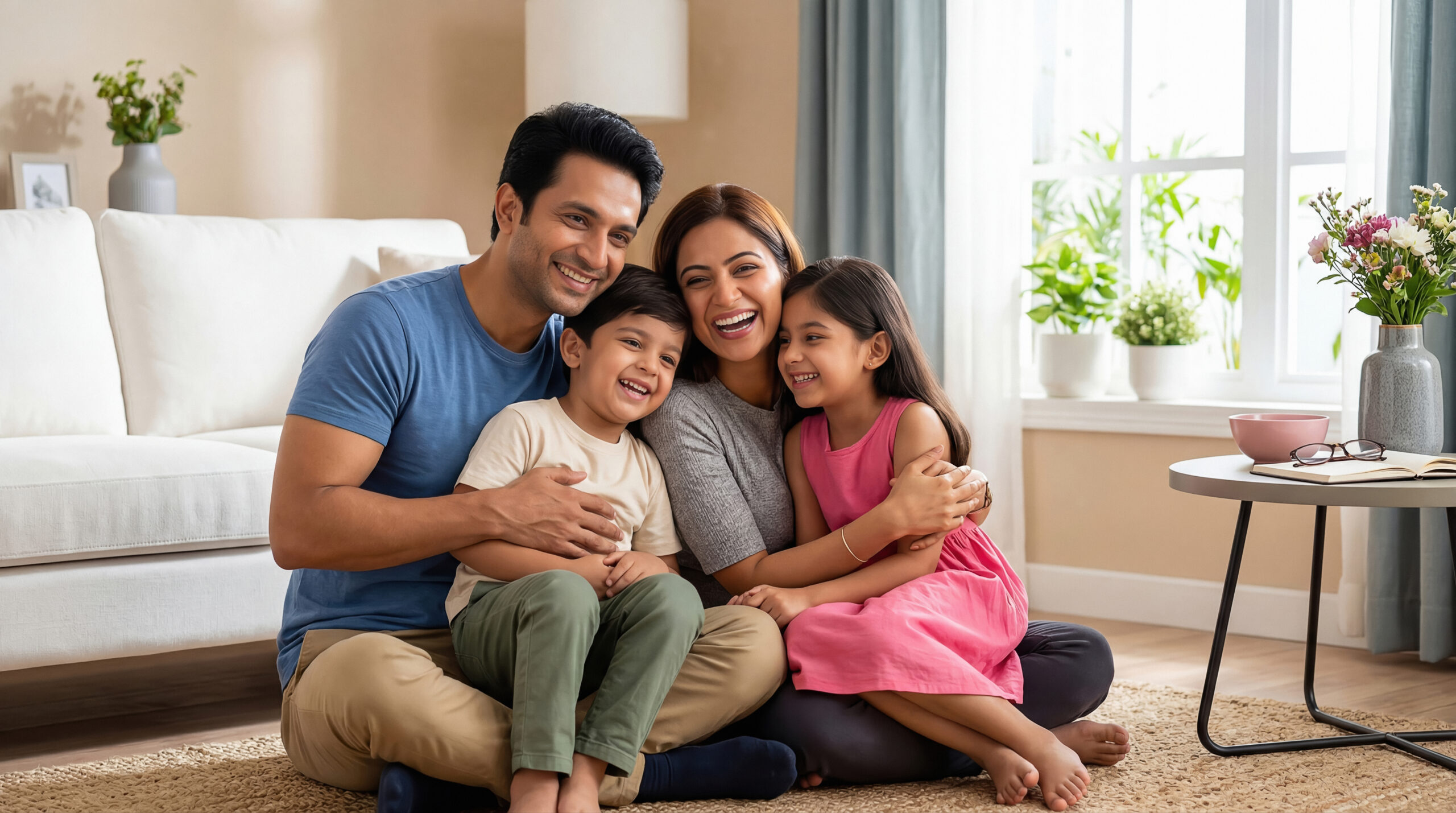 Happy Indian family embracing and smiling in their cozy home.